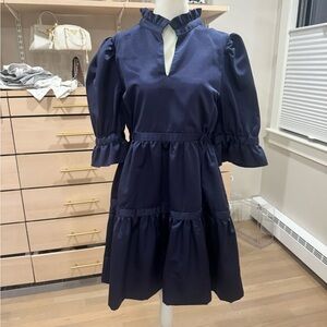 Gretchen Scott Designs Navy Ruffle-Trim Tiered Puff-Sleeve Mini Dress